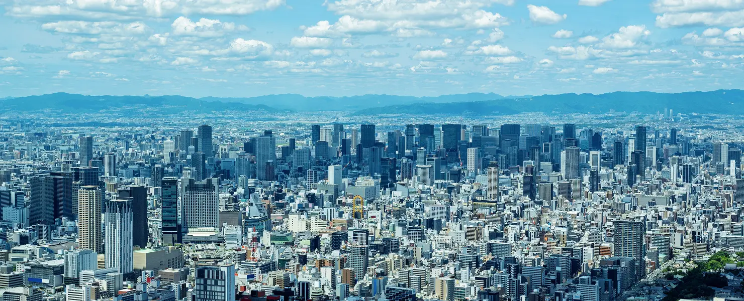 晴れた日に高所から望む、大都市の街並みのパノラマ。