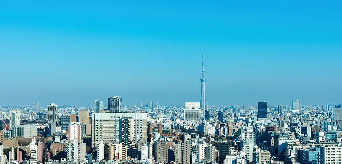 晴天の東京の街並みを高所から望むパノラマ。遠景に東京スカイツリーが見える。